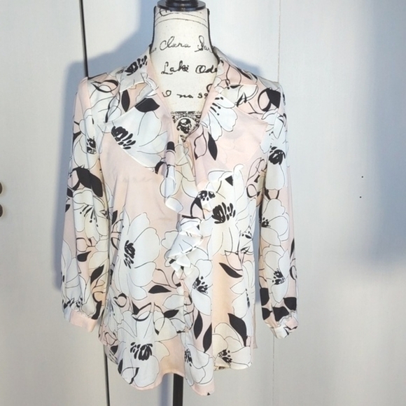 Karl Lagerfeld- Womens Silky Pink/Black Ruffle Front Buttondown Artsy Top Sz.M - Picture 1 of 9